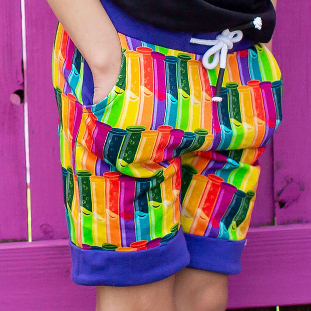 "Test the Rainbow" Test Tubes Drawstring Cuffed Shorts with Pockets