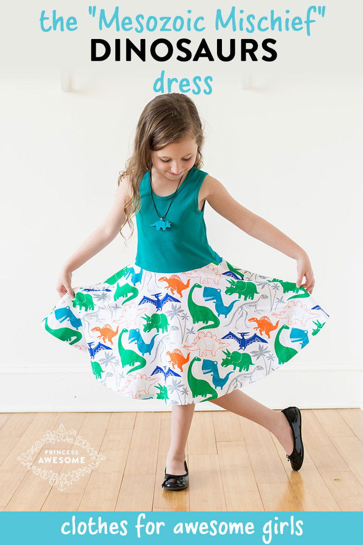 "Mesozoic Mischief" Dinosaurs Twirly Play Dress with Pockets