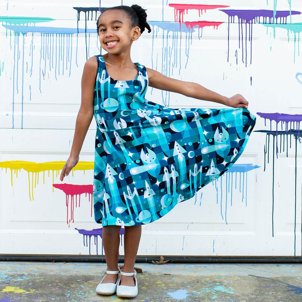 "Bound for Beyond" Spaceships Sleeveless Play Dress with Pockets