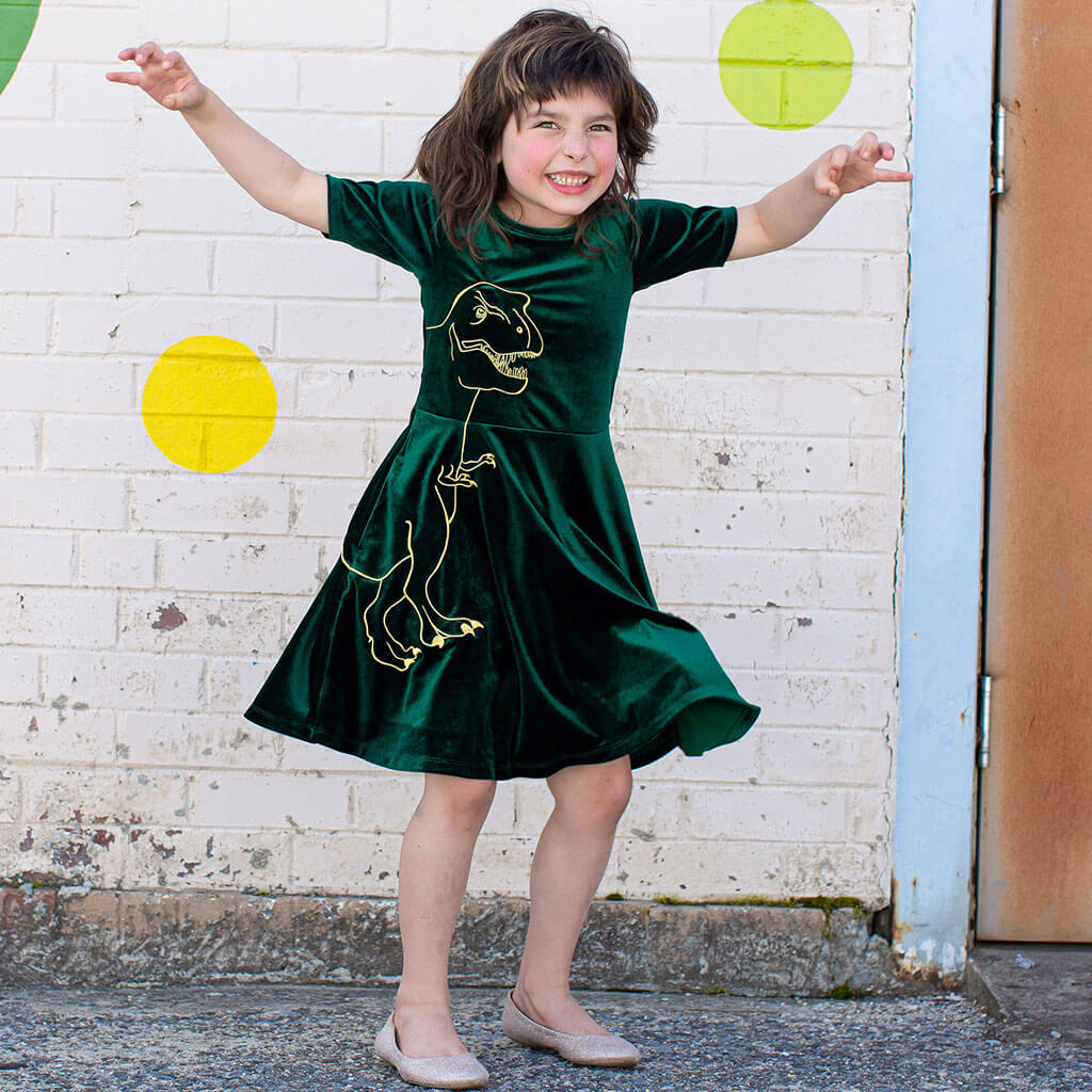 Tyrannosaurus Rex Ballerina Style Short Sleeve Dress with Pockets