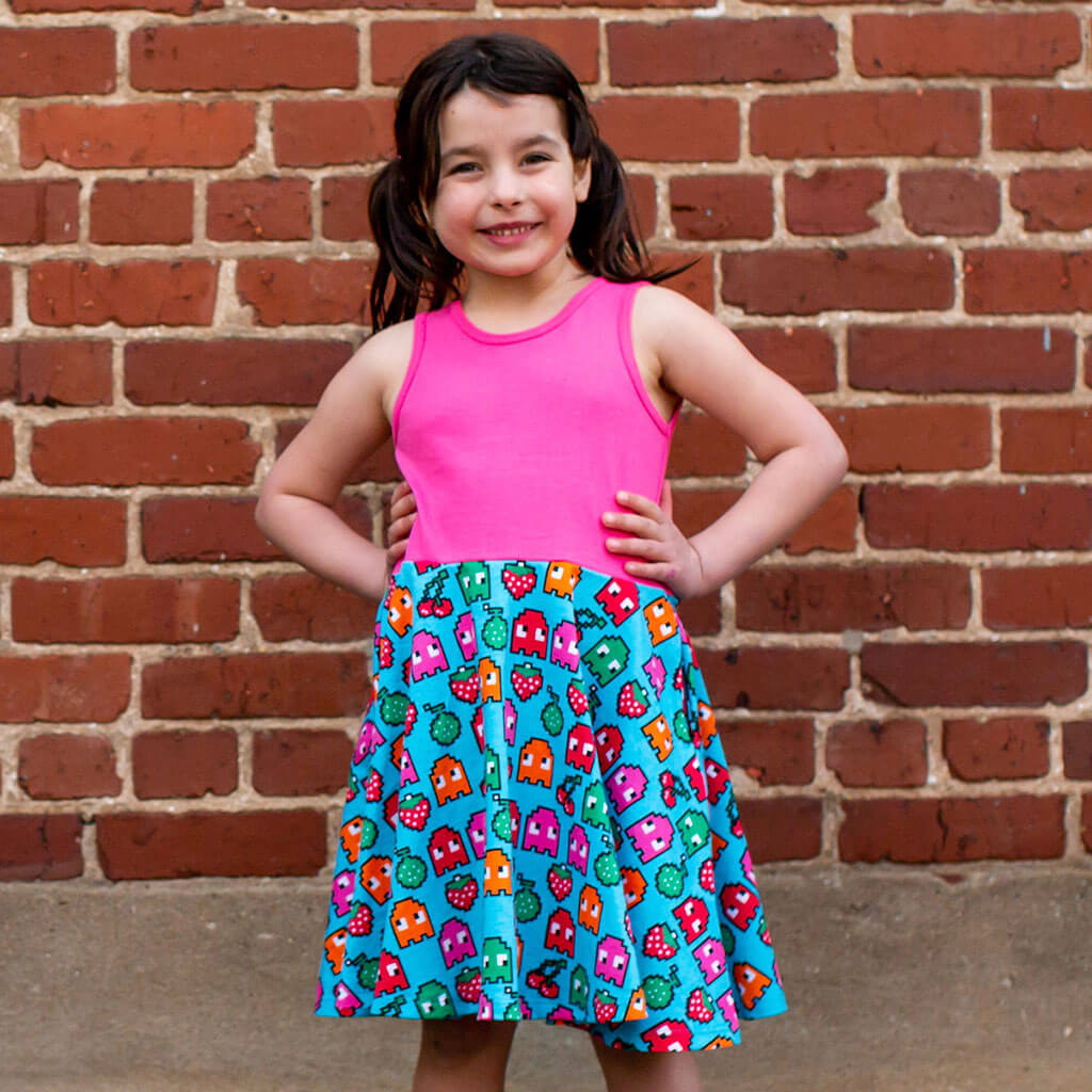 "Arcade Snacks" Video Game Ghosts Sleeveless Twirly Play Dress with Pockets