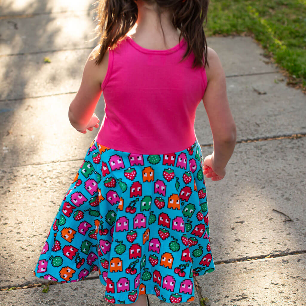 "Arcade Snacks" Video Game Ghosts Sleeveless Twirly Play Dress with Pockets