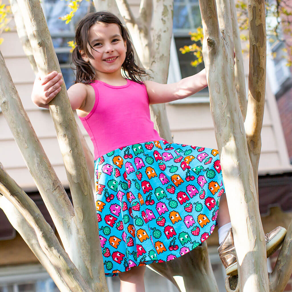 "Arcade Snacks" Video Game Ghosts Sleeveless Twirly Play Dress with Pockets