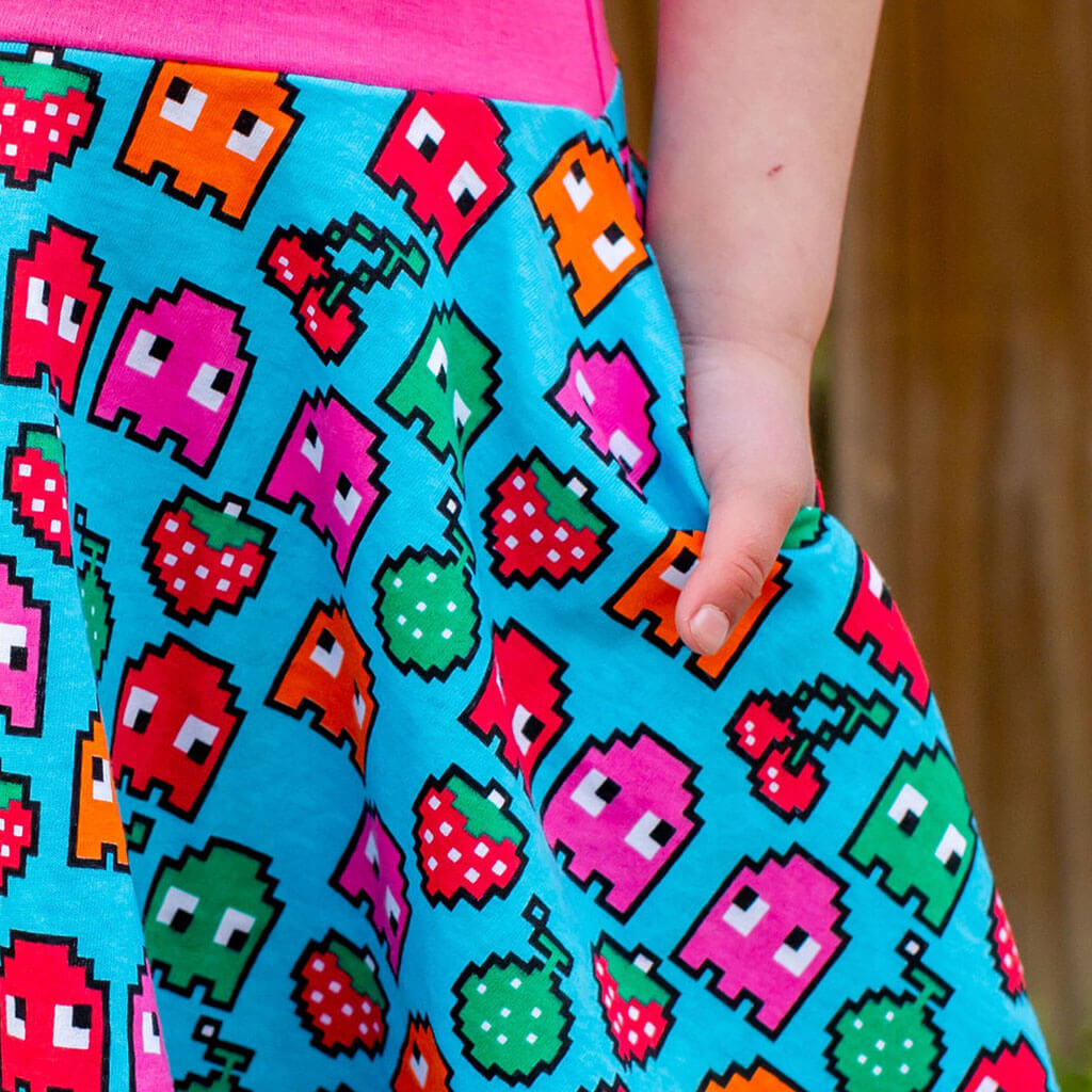 "Arcade Snacks" Video Game Ghosts Sleeveless Twirly Play Dress with Pockets