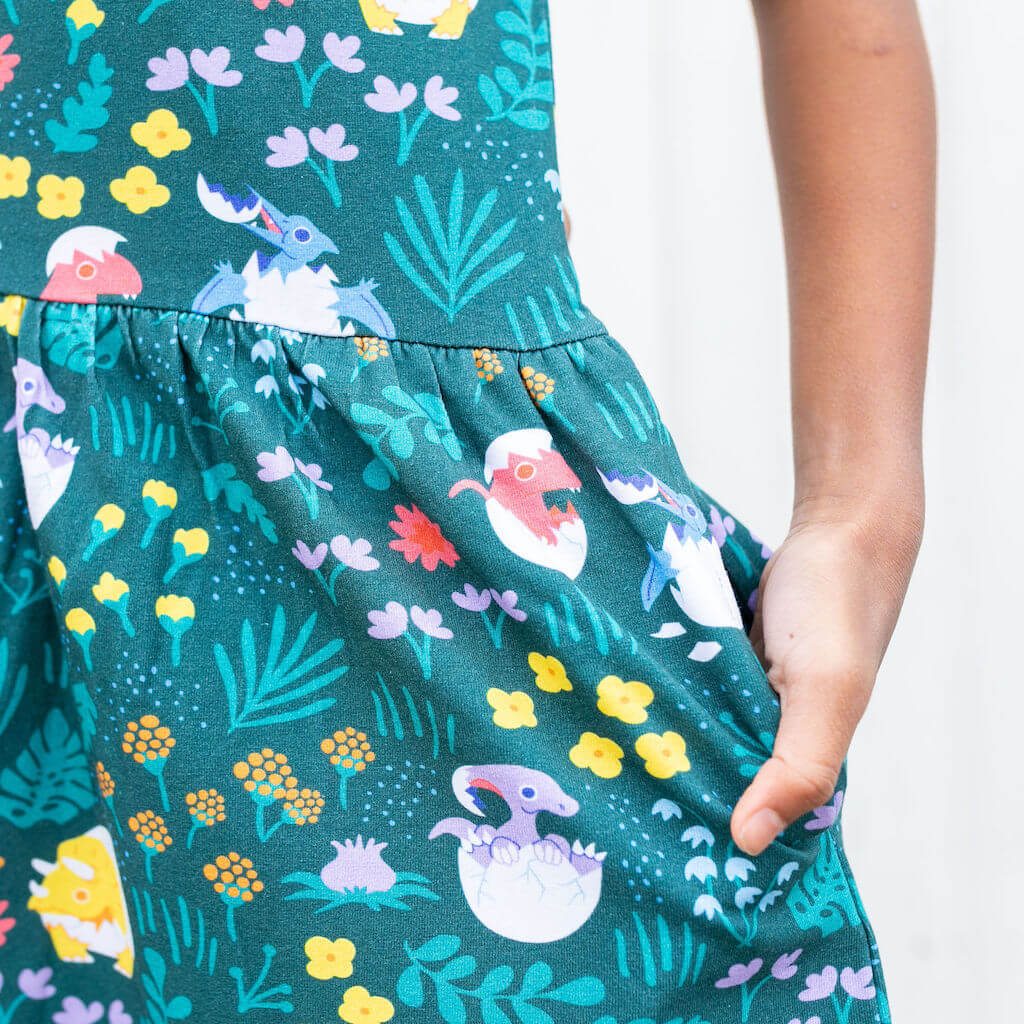 "Jurassic Peep" Dinosaur Eggs Cap Sleeve Dress with Pockets