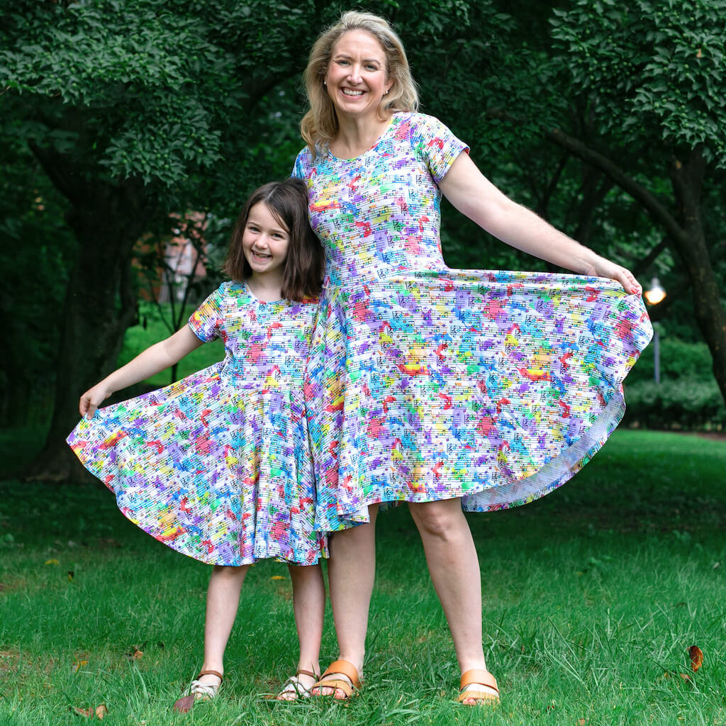"Staff Meeting" Rainbow Music Notes Super Twirler Dress with Pockets