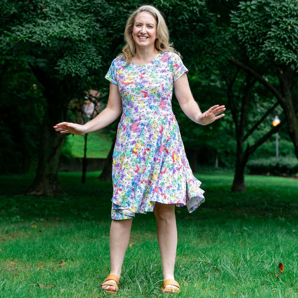 Adult "Staff Meeting" Rainbow Music Notes Super Twirler Dress with Pockets