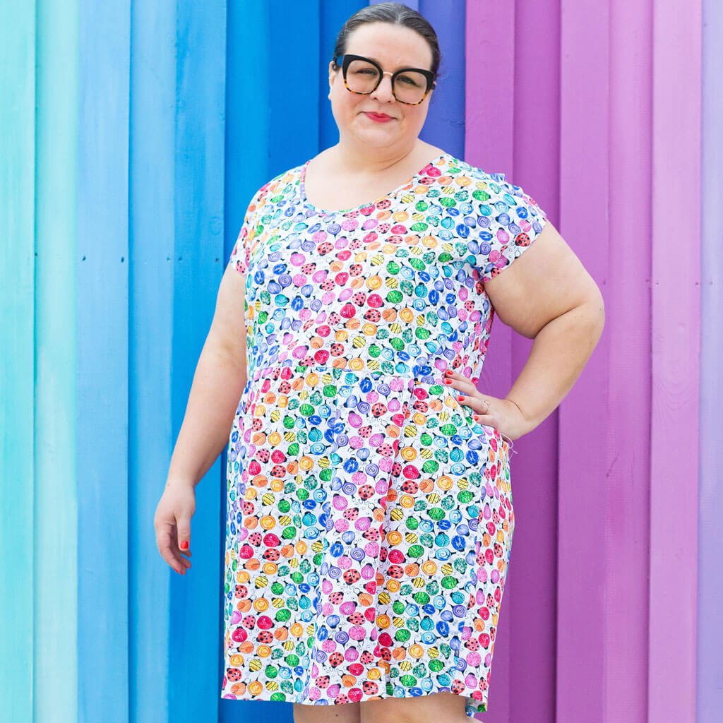 Adult &quot;Jewelbug&quot; Rainbow of Bugs Cap Sleeve Dress with Pockets