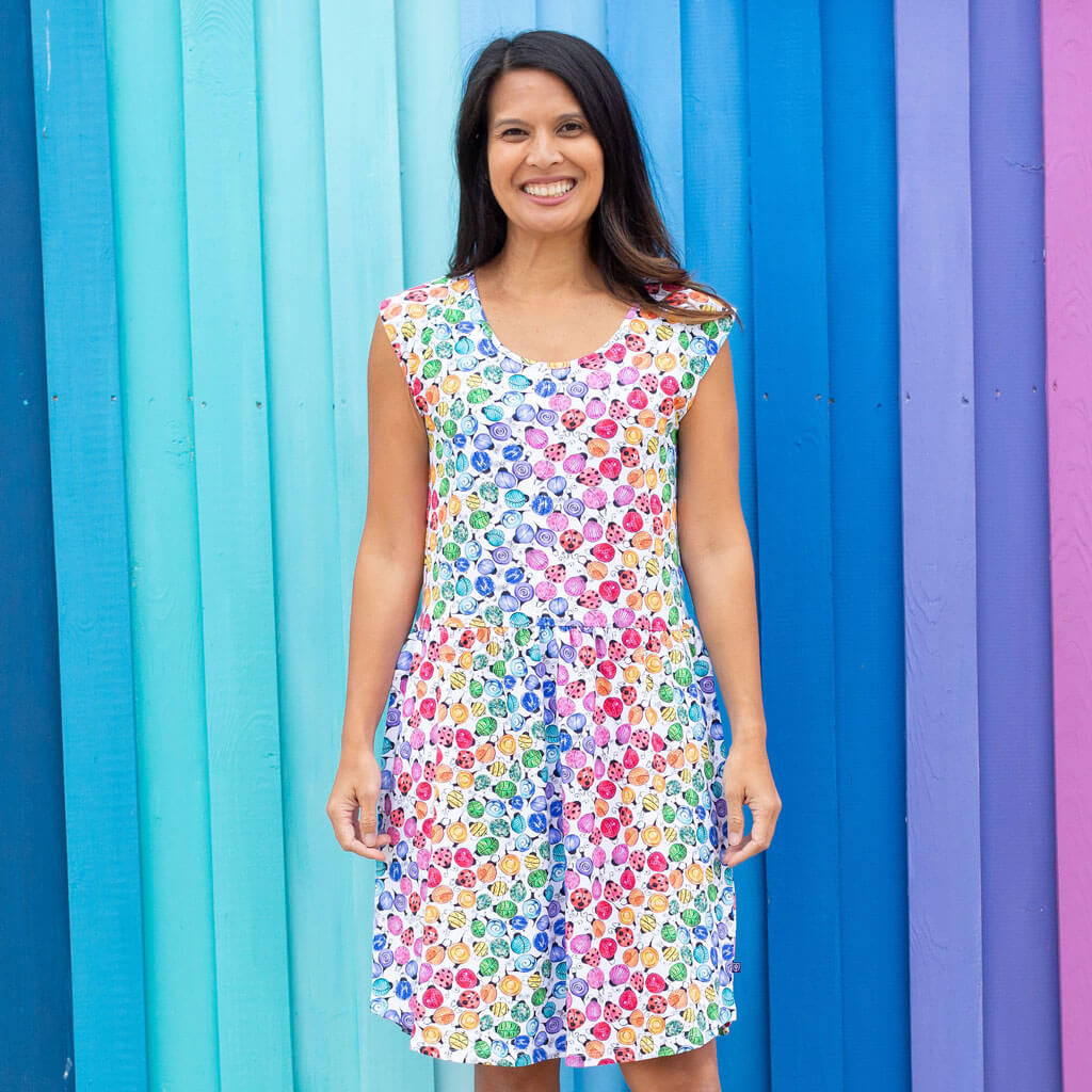 Adult "Jewelbug" Rainbow of Bugs Cap Sleeve Dress with Pockets