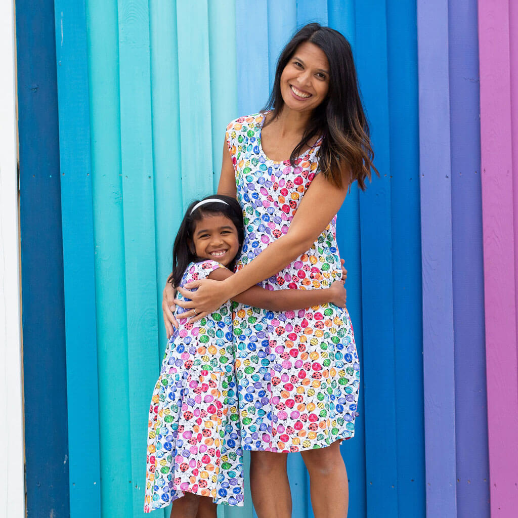 Adult "Jewelbug" Rainbow of Bugs Cap Sleeve Dress with Pockets