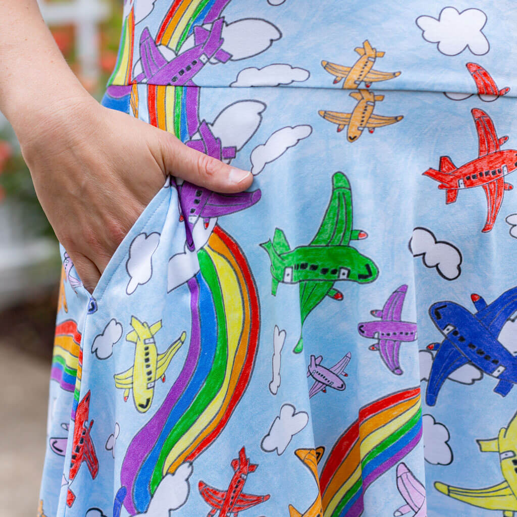 Adult "Flying Colors" Airplanes Super Twirler Dress with Pockets