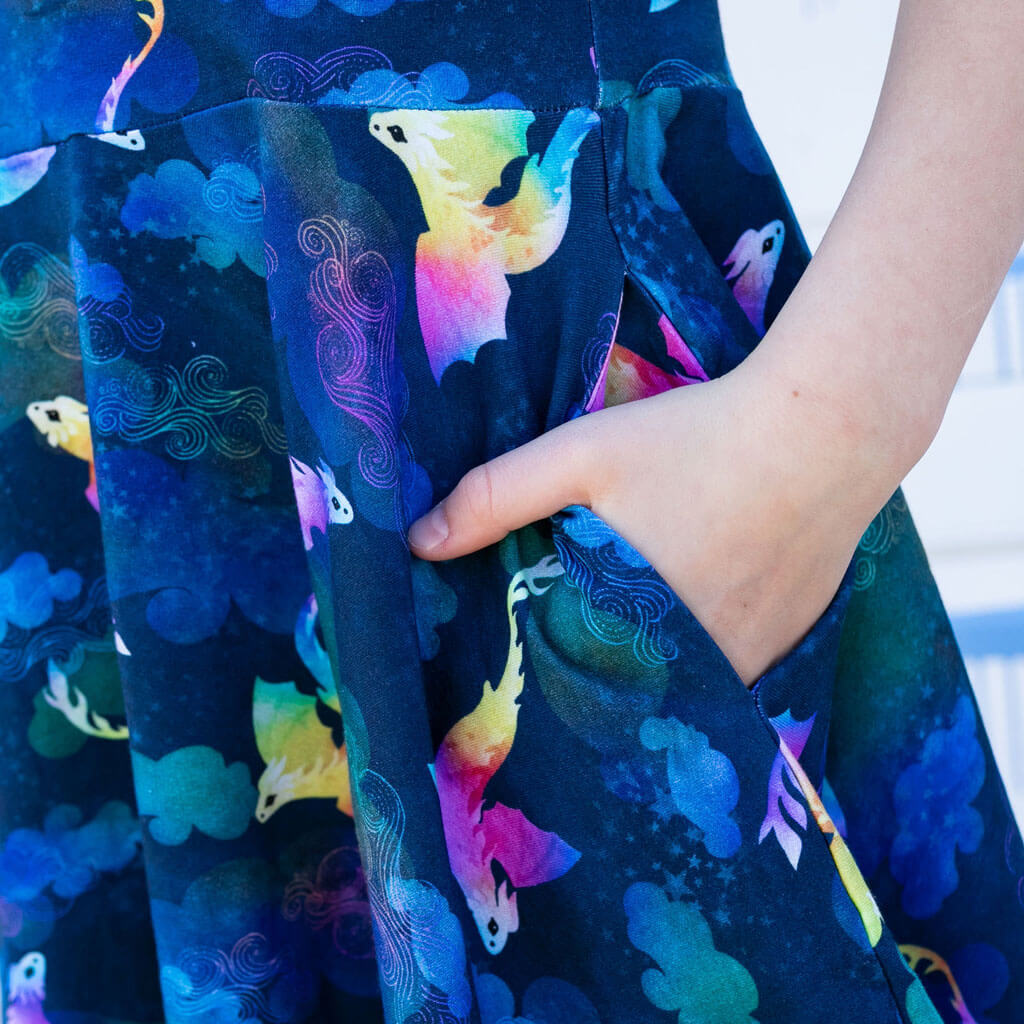 Adult "Reign Clouds" Rainbow Amphiptere Dragons Super Twirler Dress with Pockets