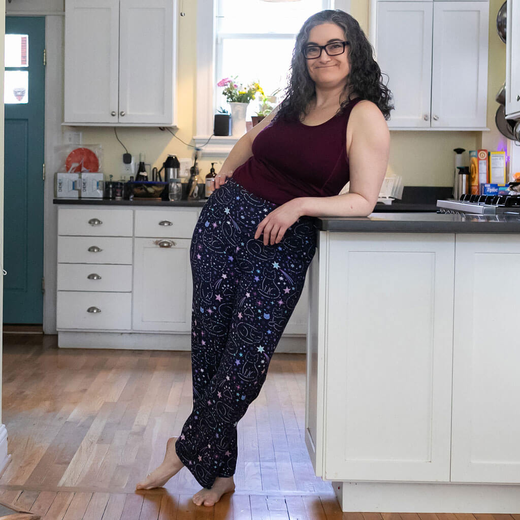Adult "Kitten in the Stars" Cat Constellations Foldover Straight Leg Lounge Pants with Pockets