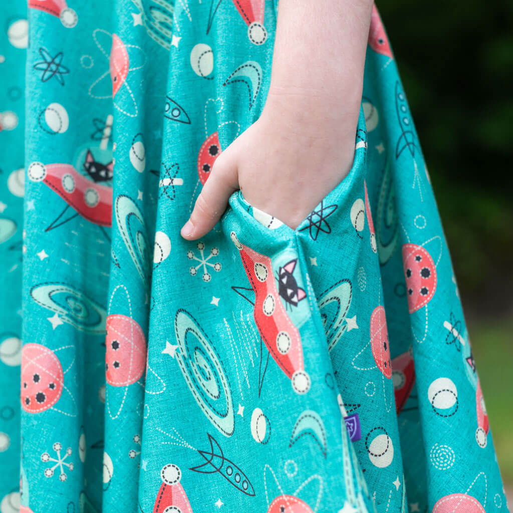 "Beam Me Up, Kitty" Cats in Space Saucers Super Twirler Dress with Pockets