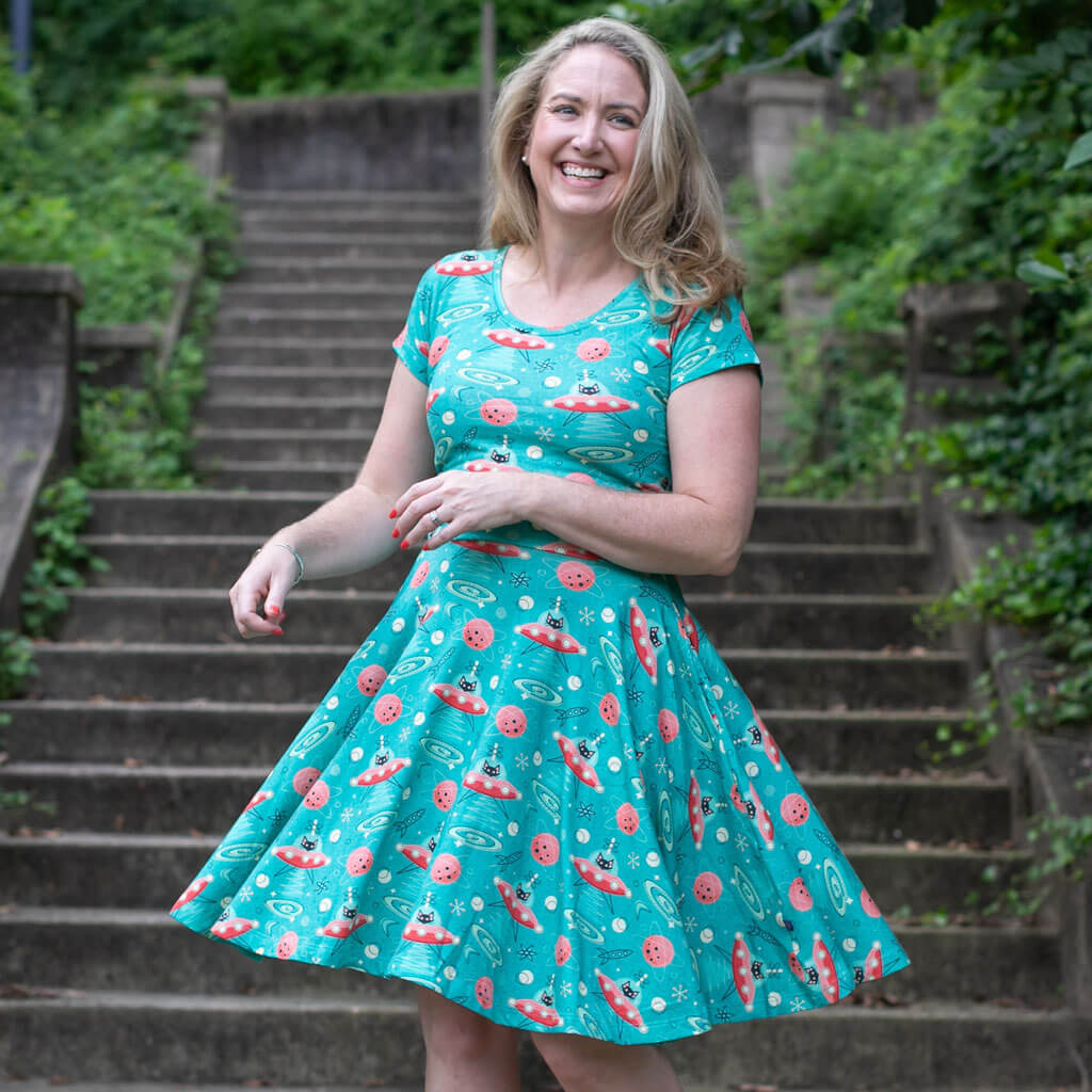 Adult "Beam Me Up, Kitty" Cats in Space Saucers Dress with Pockets