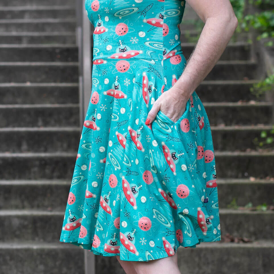 Adult "Beam Me Up, Kitty" Cats in Space Saucers Dress with Pockets