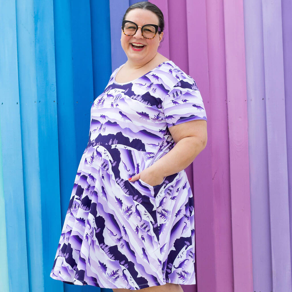 Adult &quot;Dinoscape&quot; Dinosaur Wilderness Super Twirler Dress with Pockets