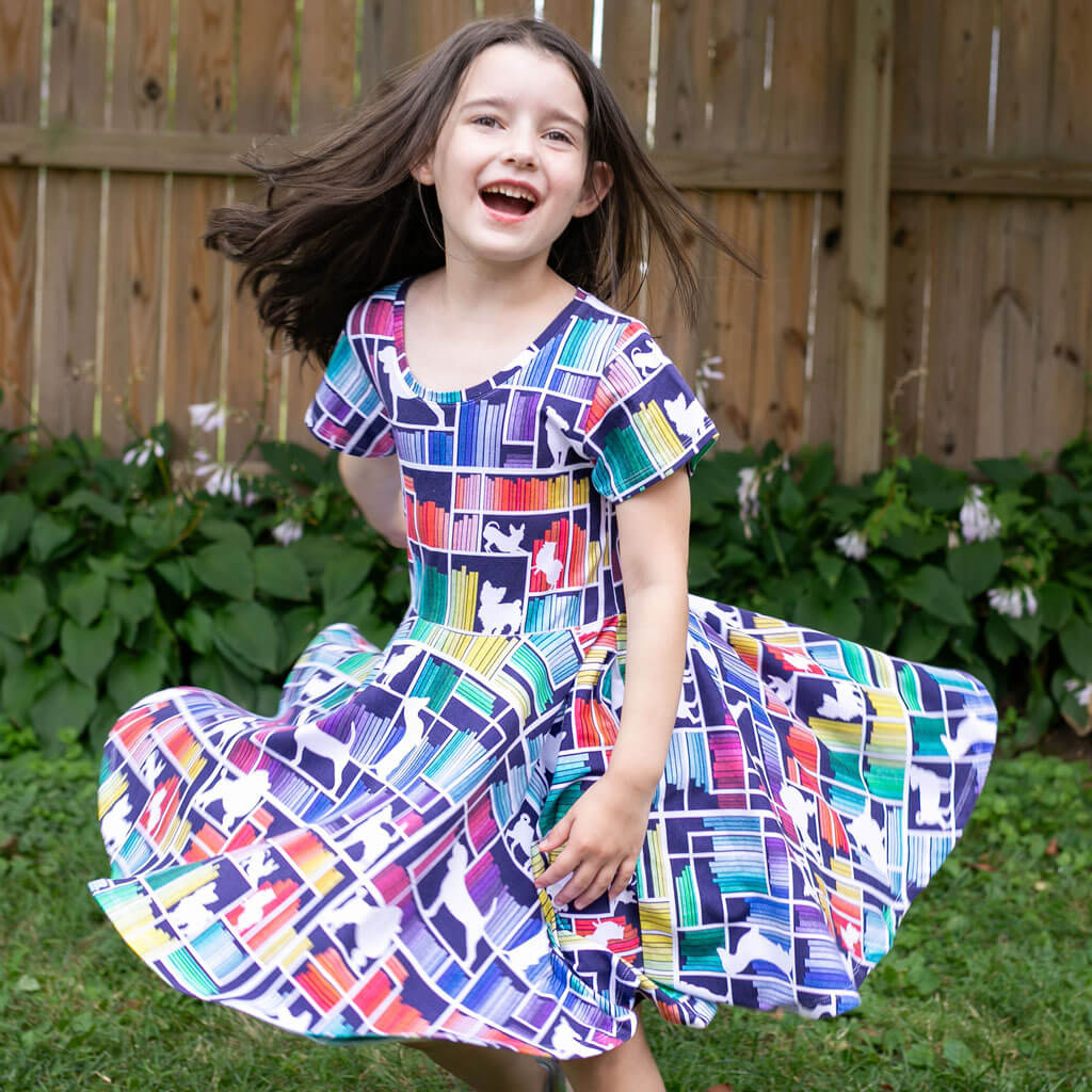 "Dog Eared" Rainbow Books &amp; Dogs Super Twirler Dress with Pockets