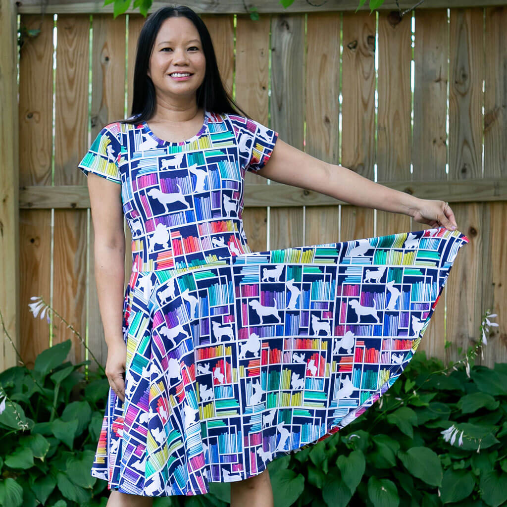 Adult "Dog Eared" Rainbow Books & Dogs Super Twirler Dress with Pockets