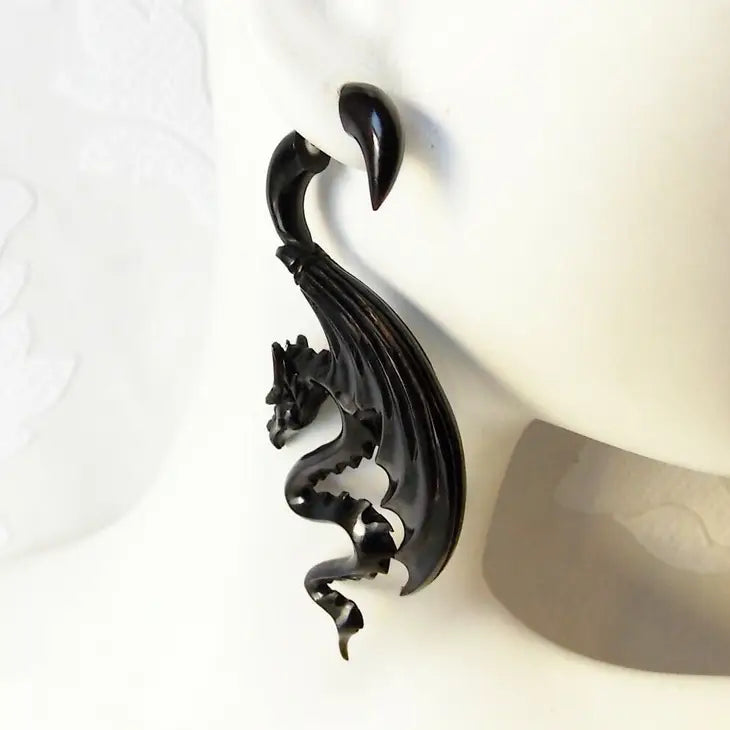 Black Folded Wing Dragon Faux Gauge Earrings