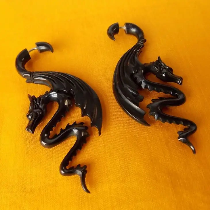 Black Folded Wing Dragon Faux Gauge Earrings