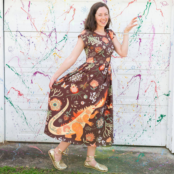 Adult Beast Mode Kaiju Monsters Cap Sleeve Maxi Dress with Pockets 4-6