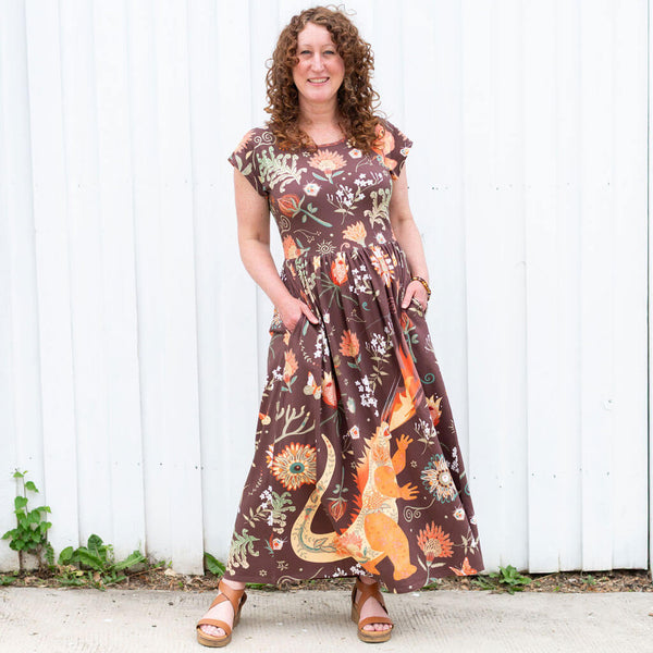 Adult Beast Mode Kaiju Monsters Cap Sleeve Maxi Dress with Pockets 4-6