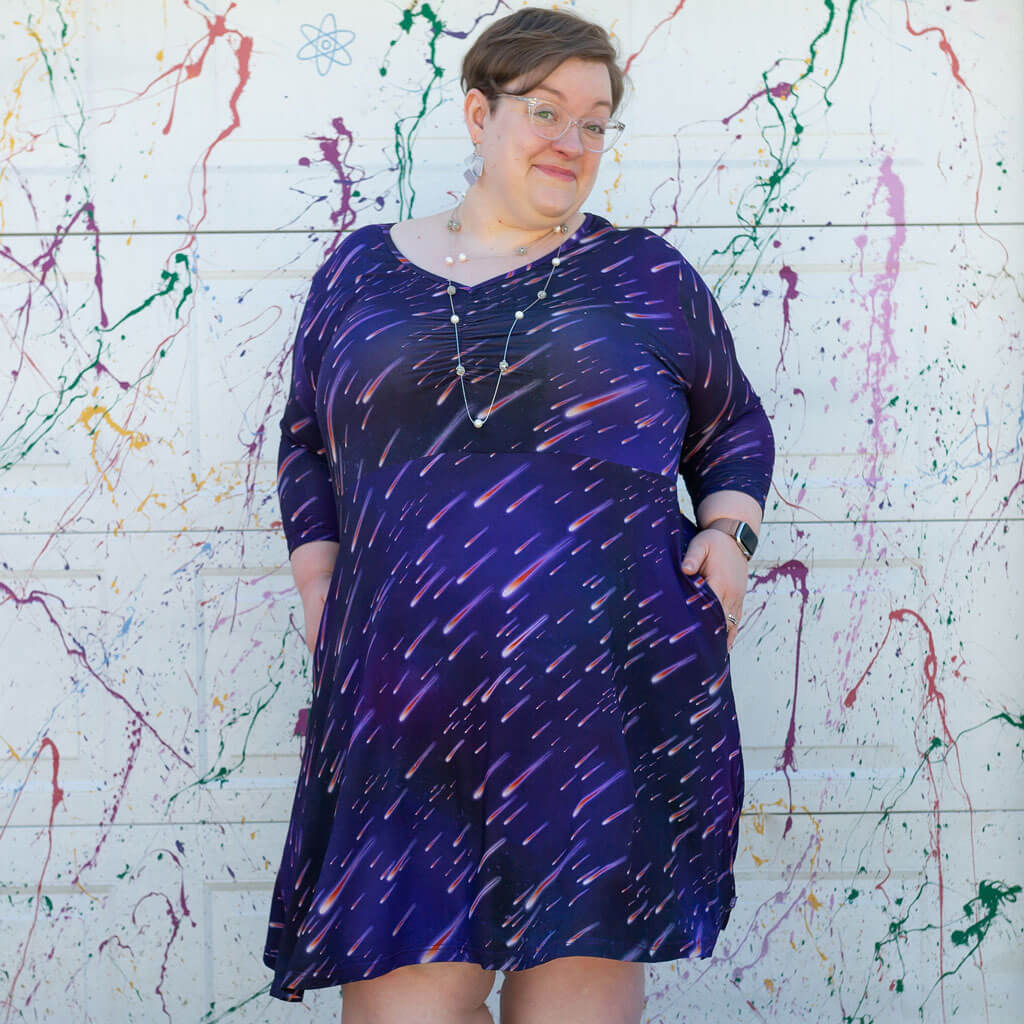 Adult &quot;Party Crashers&quot; Meteor Shower V-Neck A-Line Dress with Sleeves and Pockets