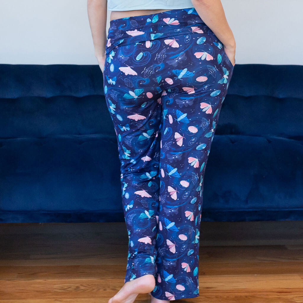 Adult "Moon Song" Lunar Moth Foldover Straight Leg Lounge Pants with Pockets