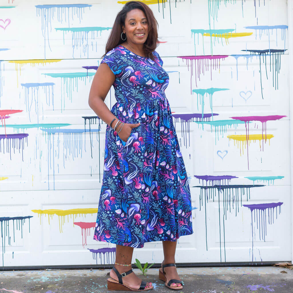 Adult "Oceans Aglow" Marine Life Cap Sleeve Maxi Dress With Pockets