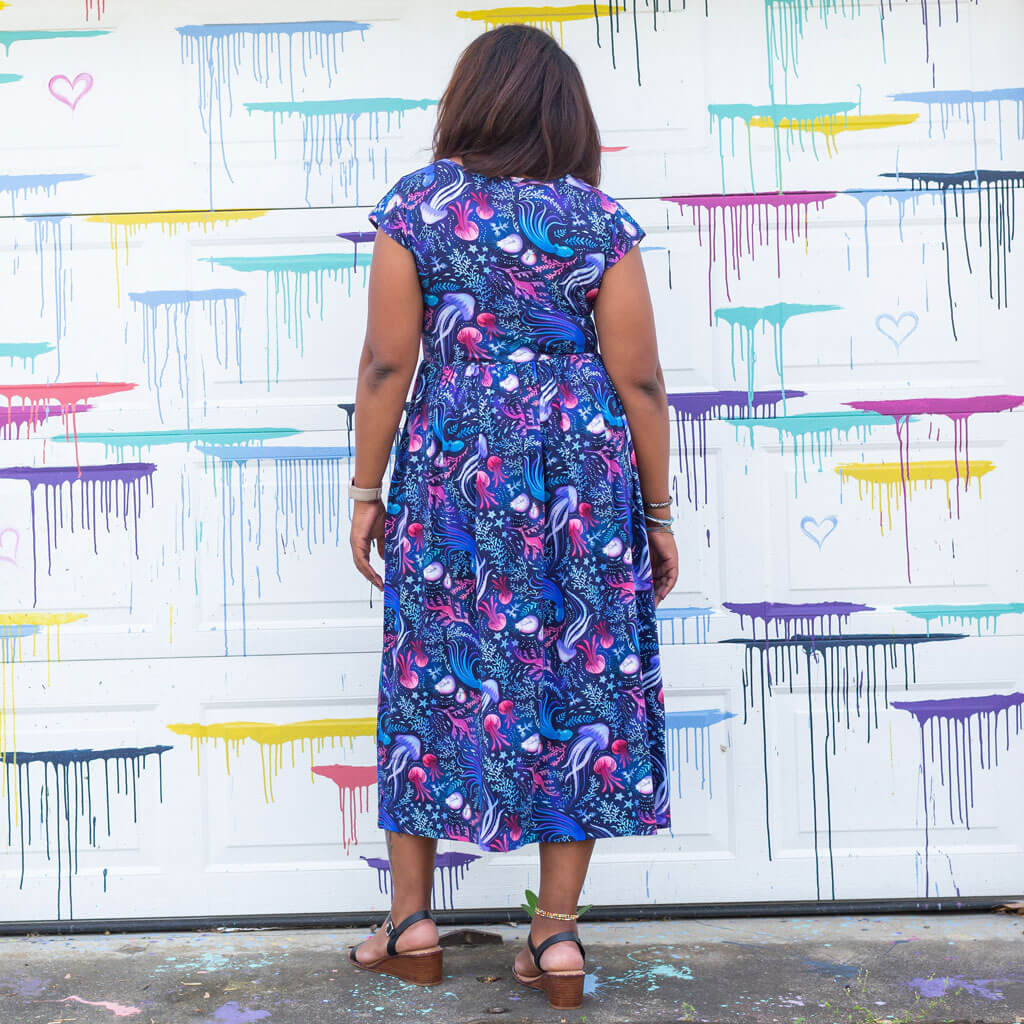 Adult "Oceans Aglow" Marine Life Cap Sleeve Maxi Dress With Pockets