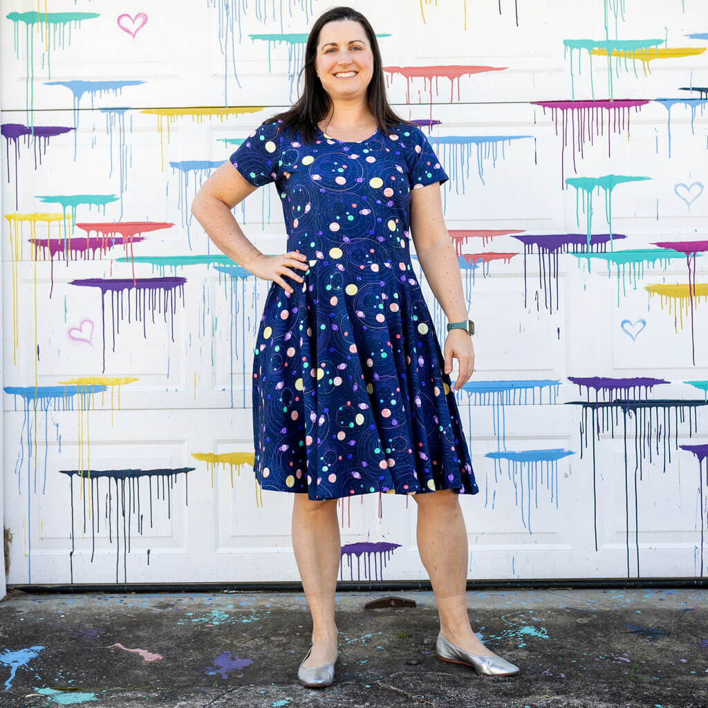 Adult "Circling Back" Planets &amp; Orbits Super Twirler Dress with Pockets