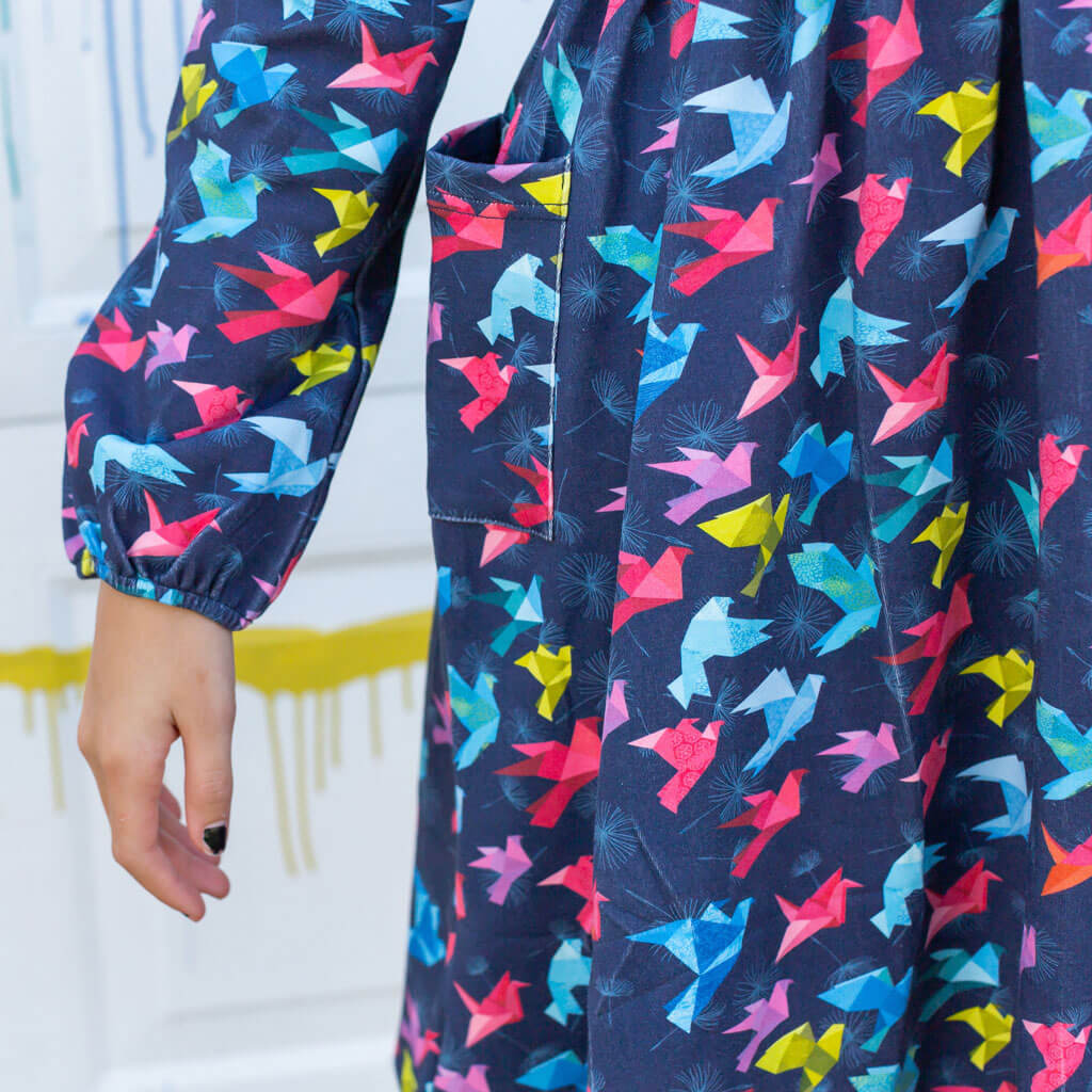 "Flight of Fancy" Origami Birds Long Sleeve Dress with Patch Pockets