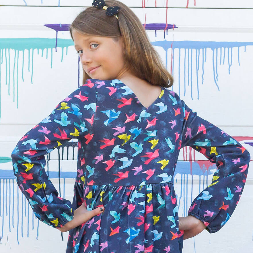 "Flight of Fancy" Origami Birds Long Sleeve Dress with Patch Pockets