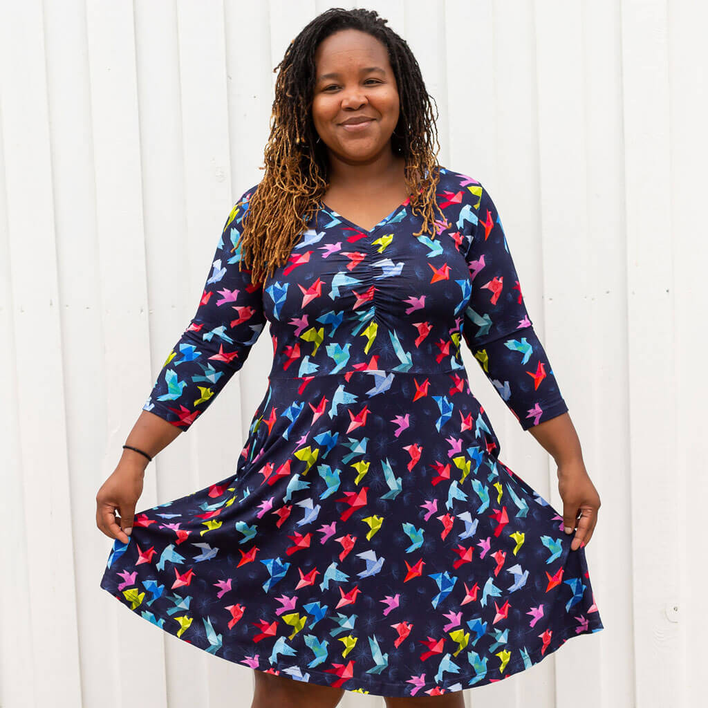Adult Flight of Fancy Origami Birds V-Neck A-Line Dress with Sleeves and Pockets 0-2 Adult Flight of Fancy Origami Birds V-Neck A-Line Dress with Sleeves and Pockets 0-2
