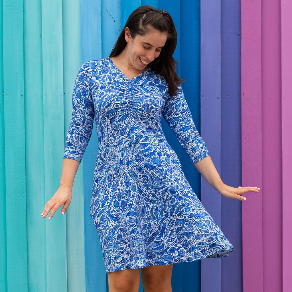 Adult &quot;Ancient Imprint&quot; Paleo Paisley V-Neck A-Line Dress with Sleeves and Pockets