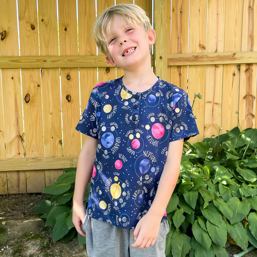 "Night Lights" Planets and Moons Henley Short Sleeve Tee