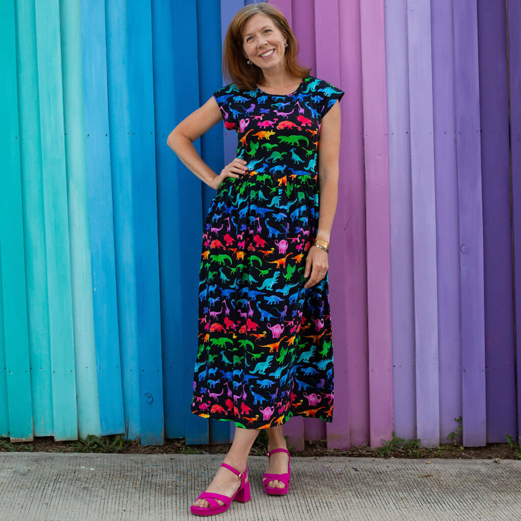 Adult "Prehistoric Parade" Rainbow of Dinosaurs Dress with Pockets
