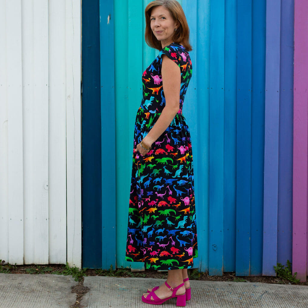 Adult "Prehistoric Parade" Rainbow of Dinosaurs Dress with Pockets