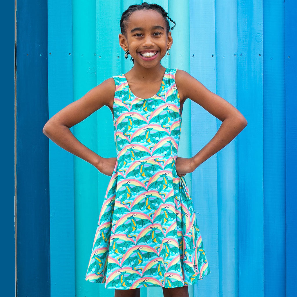 "Some Lair Over the Rainbow" Dragons Sleeveless Play Dress with Pockets
