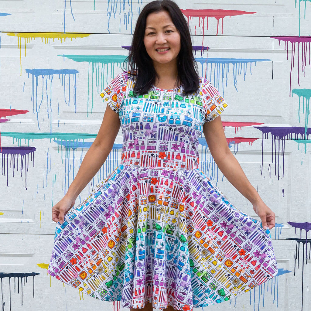 Adult &quot;Smarty Paints&quot; Rainbow Art Supplies Super Twirler Dress with Pockets