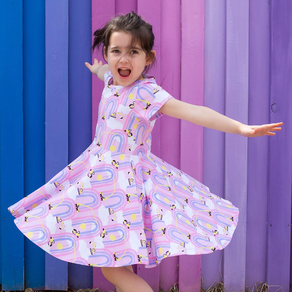 "Rainbow Roadwork" Construction Trucks Super Twirler Dress with Pockets