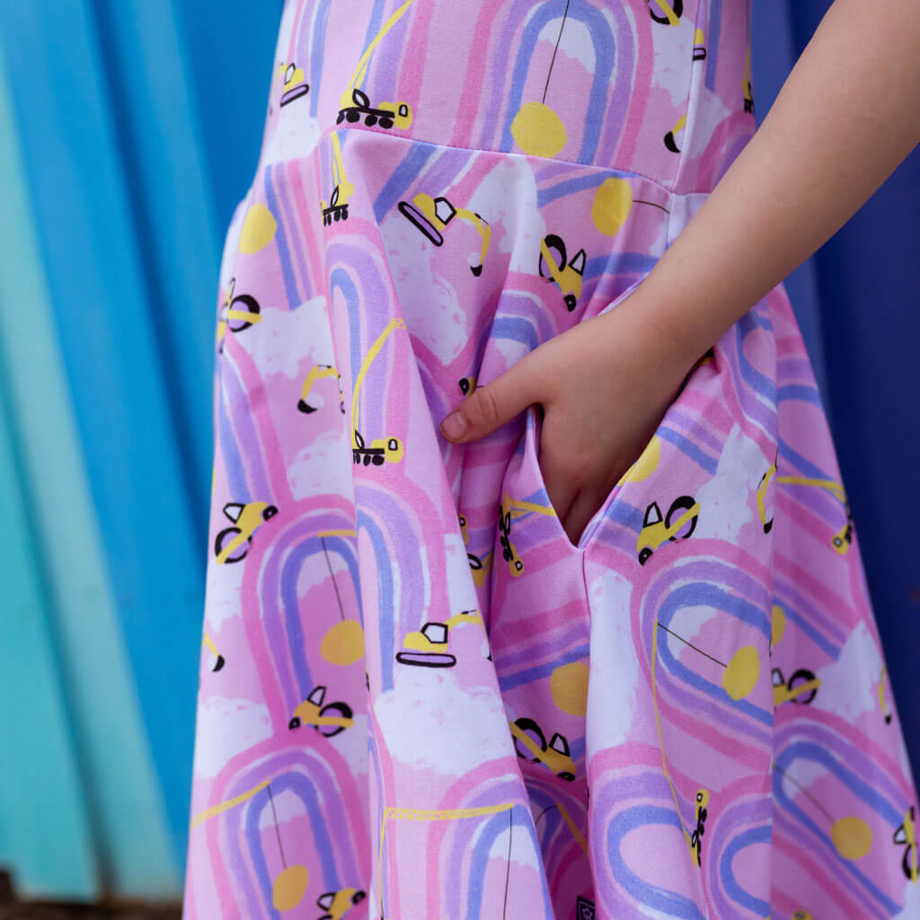 "Rainbow Roadwork" Construction Trucks Super Twirler Dress with Pockets