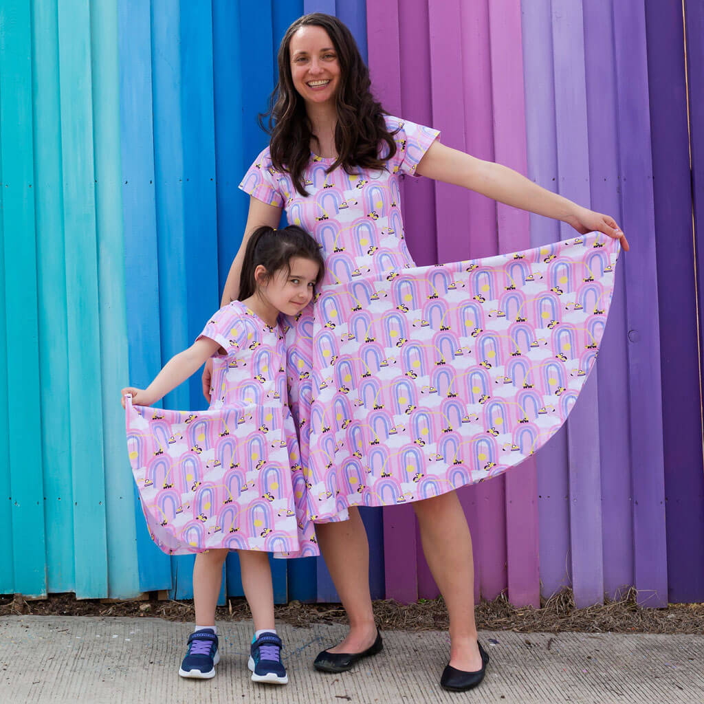 Adult "Rainbow Roadwork" Construction Trucks Super Twirler Dress with Pockets