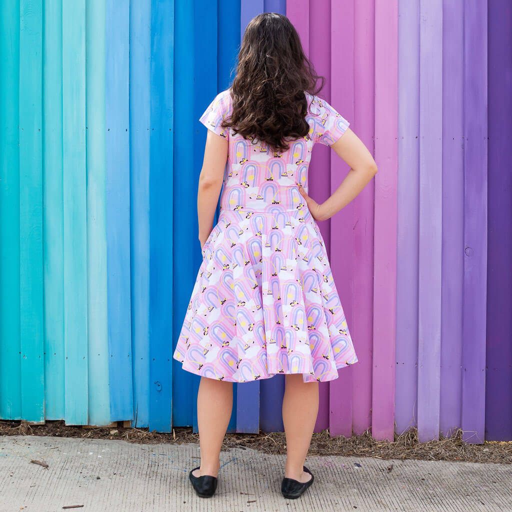 Adult "Rainbow Roadwork" Construction Trucks Super Twirler Dress with Pockets