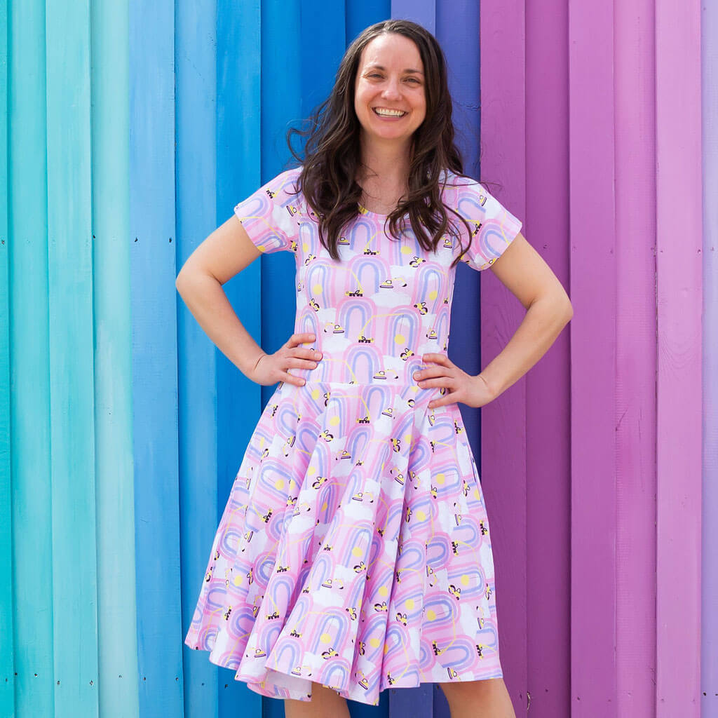 Adult "Rainbow Roadwork" Construction Trucks Super Twirler Dress with Pockets