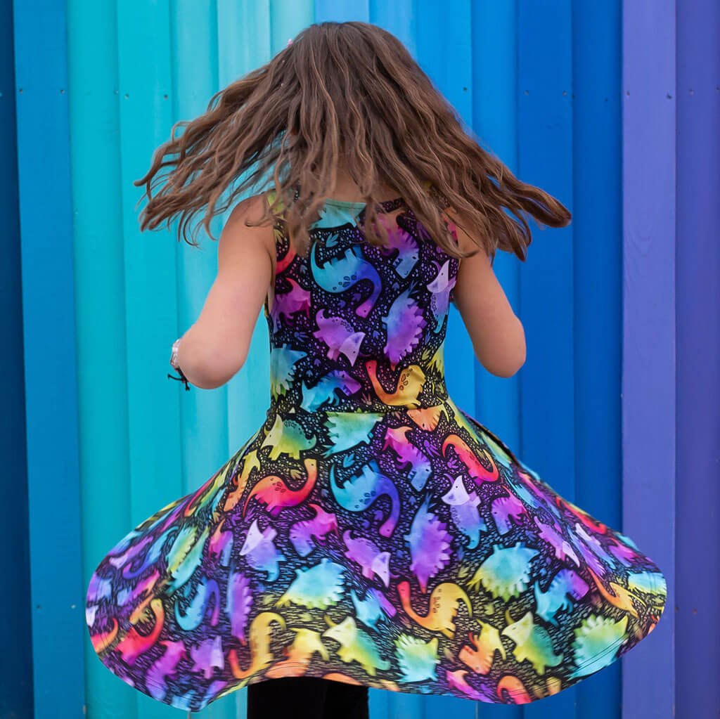 Kaleidosaurus Rainbow Dinosaurs Sleeveless Play Dress with Pockets Kaleidosaurus Rainbow Dinosaurs Sleeveless Play Dress with Pockets