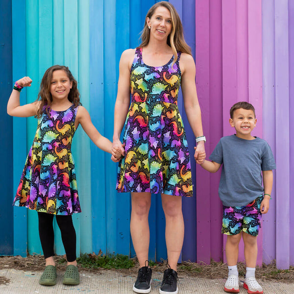 Adult Kaleidosaurus Rainbow Dinosaurs Sleeveless Dress with Pockets