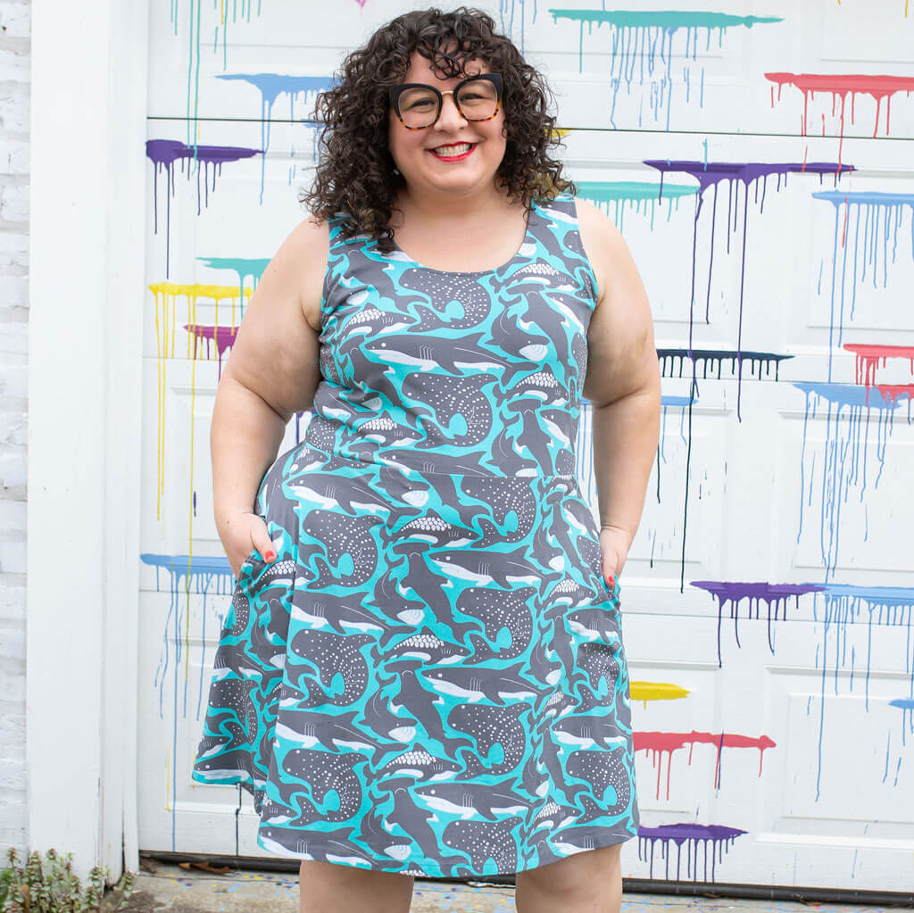 Adult "Megabites" Sharks Sleeveless Dress with Pockets