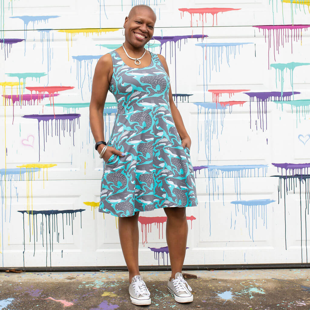 Adult "Megabites" Sharks Sleeveless Dress with Pockets